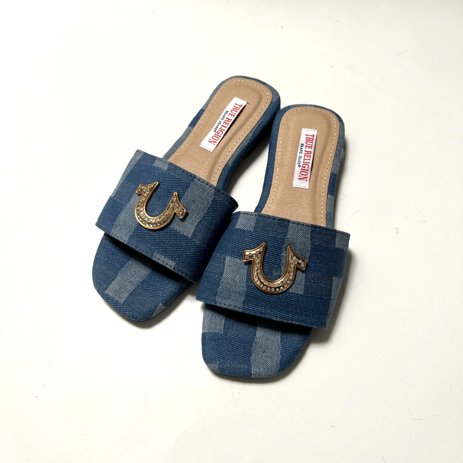 True Religion Denim Slide Sandals Crystal Horseshoe Logo Blue Size 7 NWOB