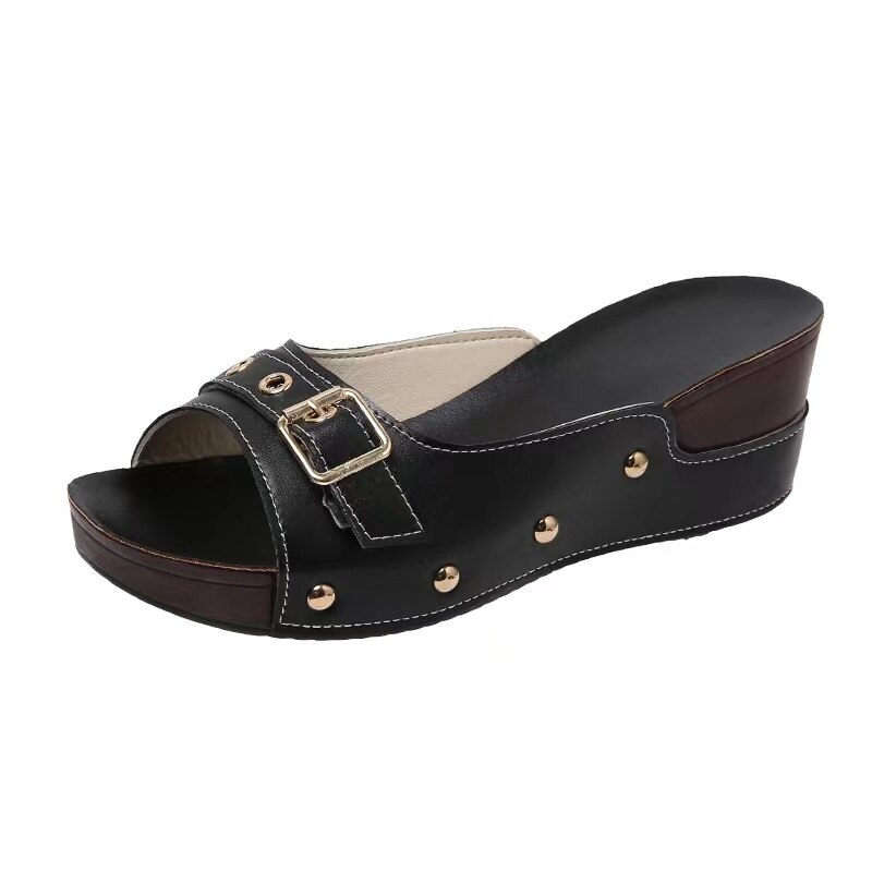 Sandalias De Cuña Con Tacón Para Mujer Zapatos De Playa Chanclas De Verano Cuero
