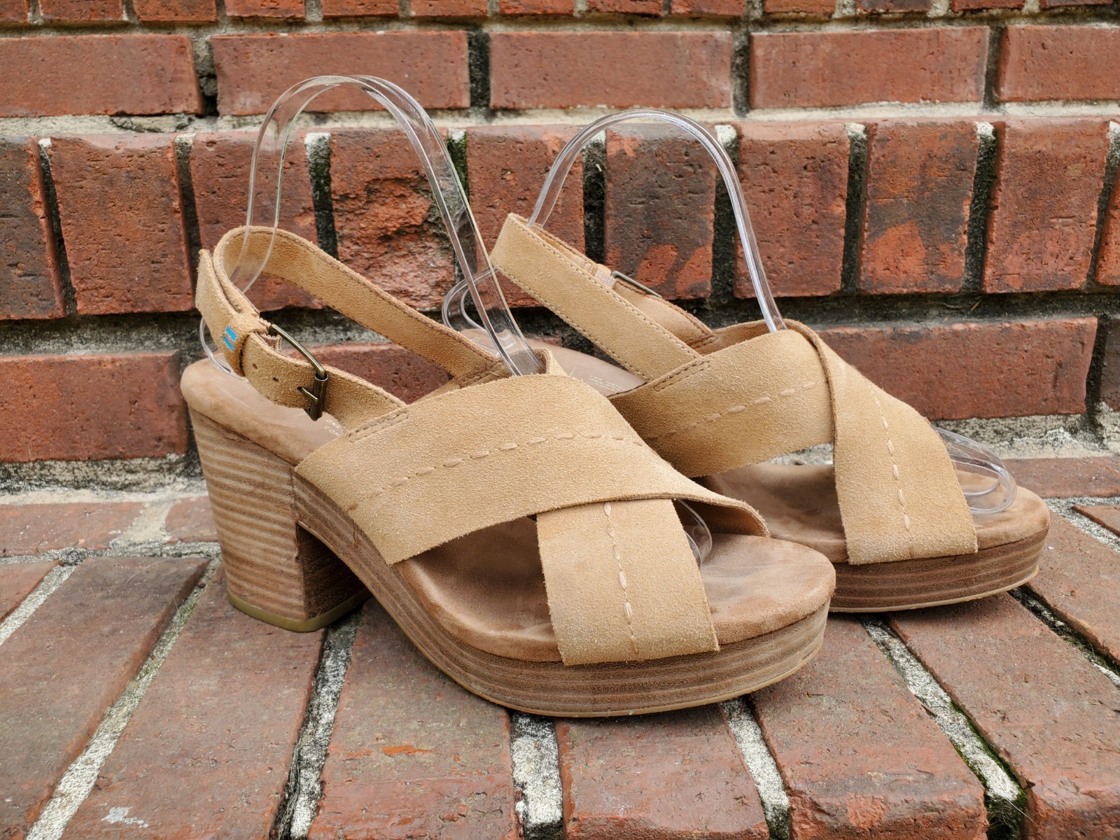 TOMS Ibiza Stiched Suede 3.5″ Heeled Sandal●Camel Colored●Good/Clean Cond●Sz.8.5