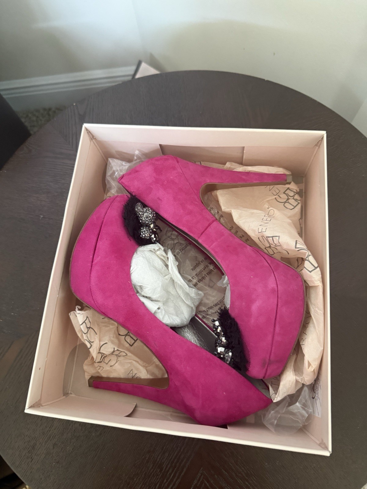 BCBGeneration Pink Suede Rhinestone Beaded Round Toe Stiletto Pumps 8.5M