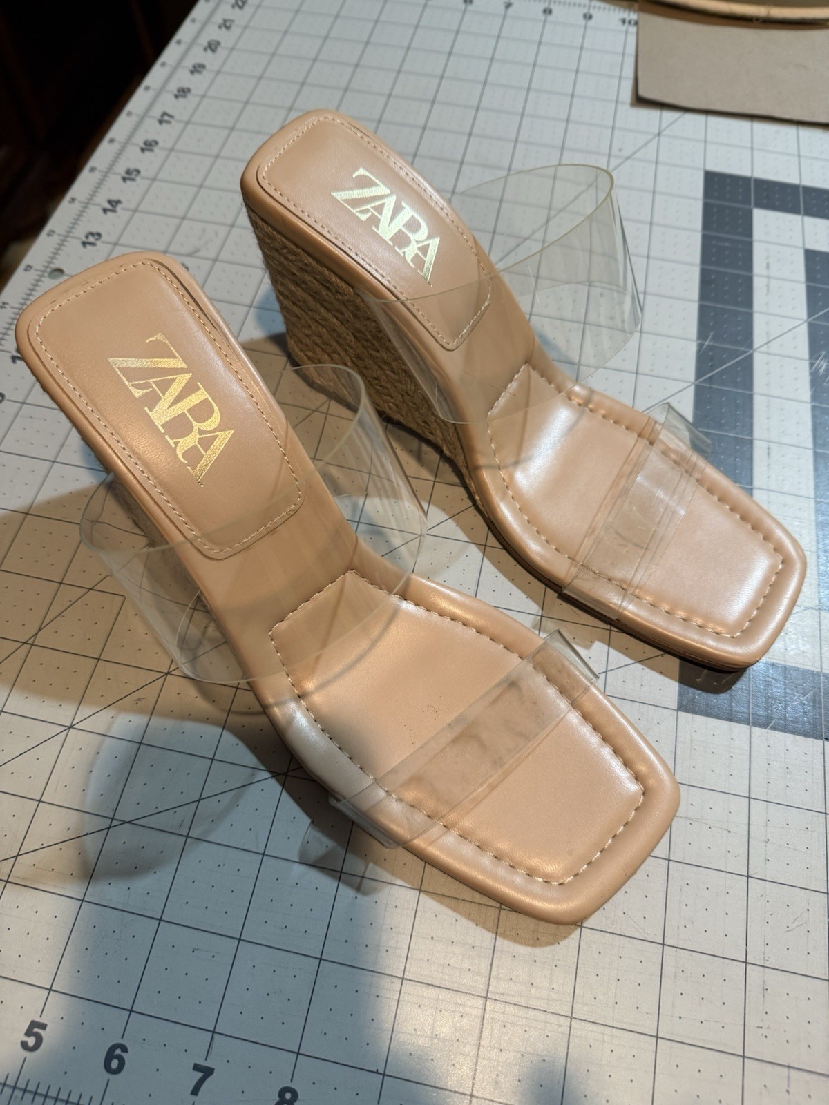 Beautiful Zara Brand Nude Clear Strap Wedge Sandals – Size 40 Square Toe Slip On