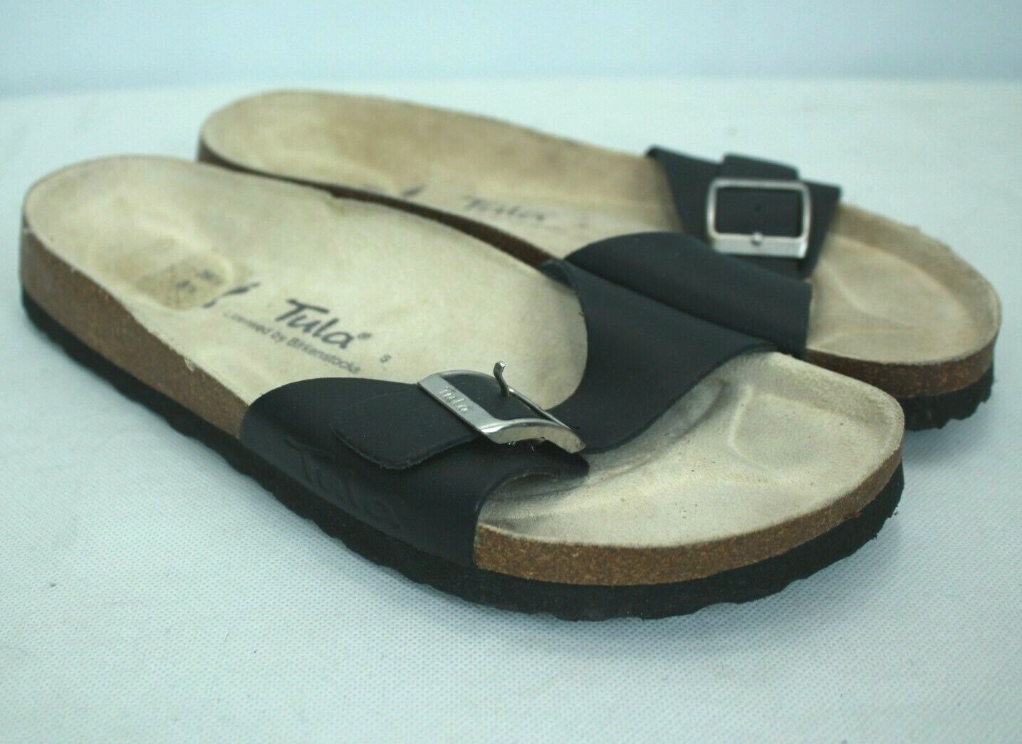 TULA BY BIRKENSTOCK BLACK LEATHER CORK SANDALS SIZE 39.5 NARROW EUC!