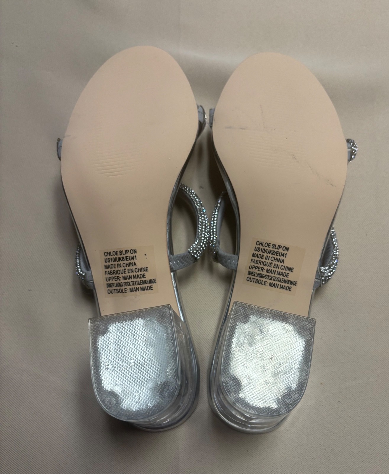 JustFab Block Heel Women’s Silver Chloe Slip On Strap Beaded Clear Sz 10 READ