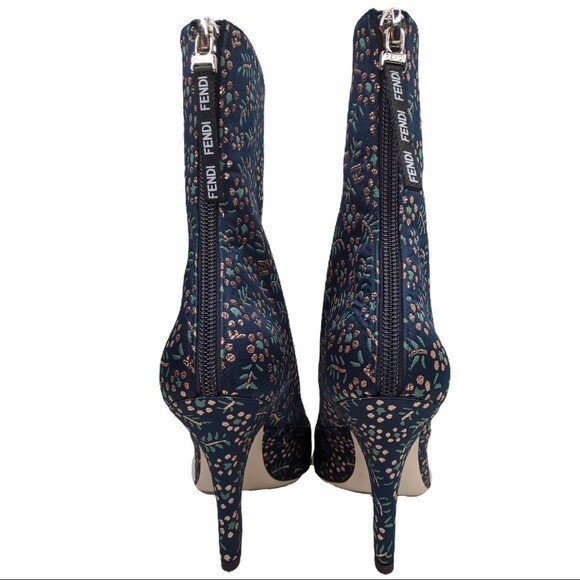 Fendi Boots 36 US 5.5 FFreedom Blue Floral Jacquard Square Toe Ankle NEW