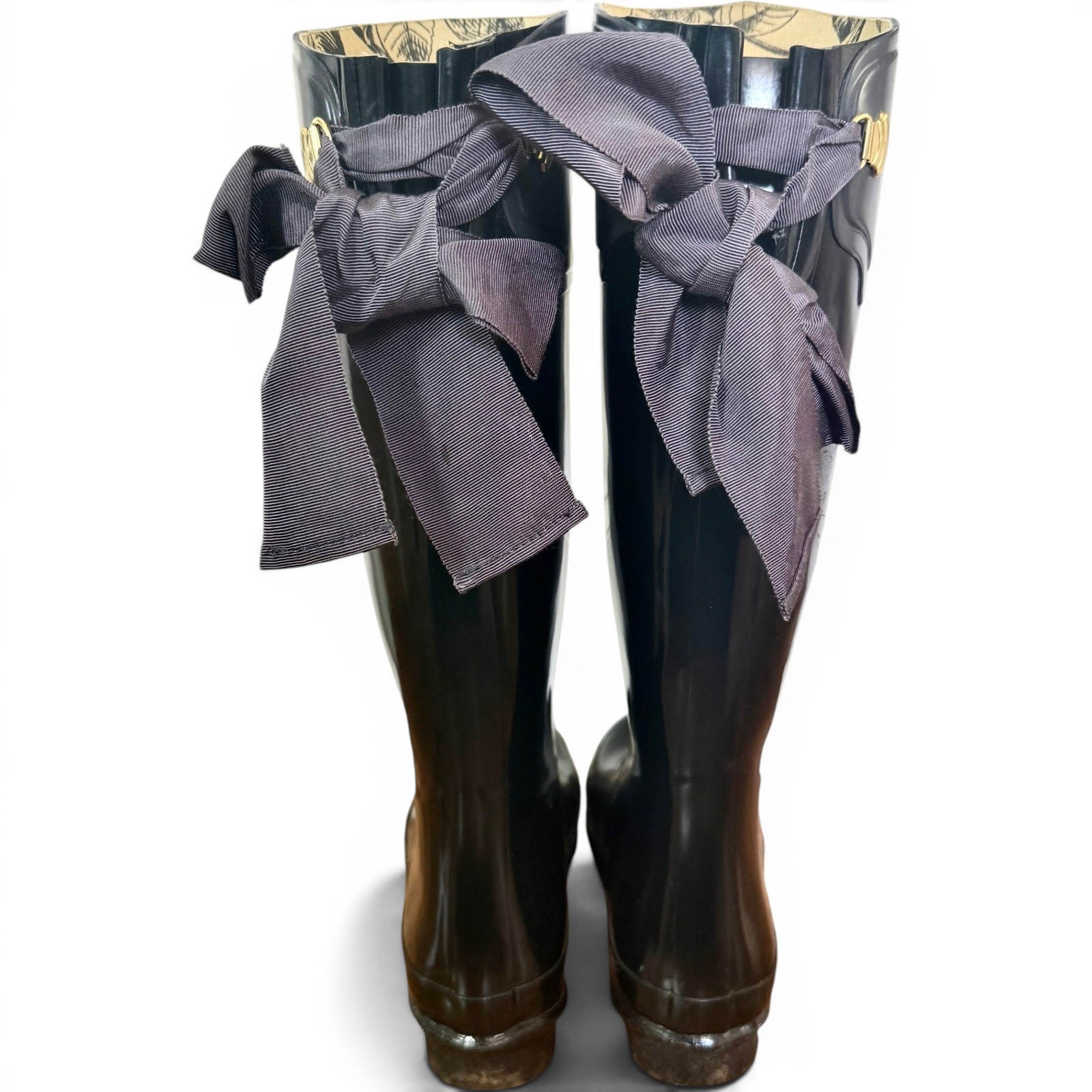 Joules Evedon Rain Boots Womens 8 Black Bow Back Waterproof Tall