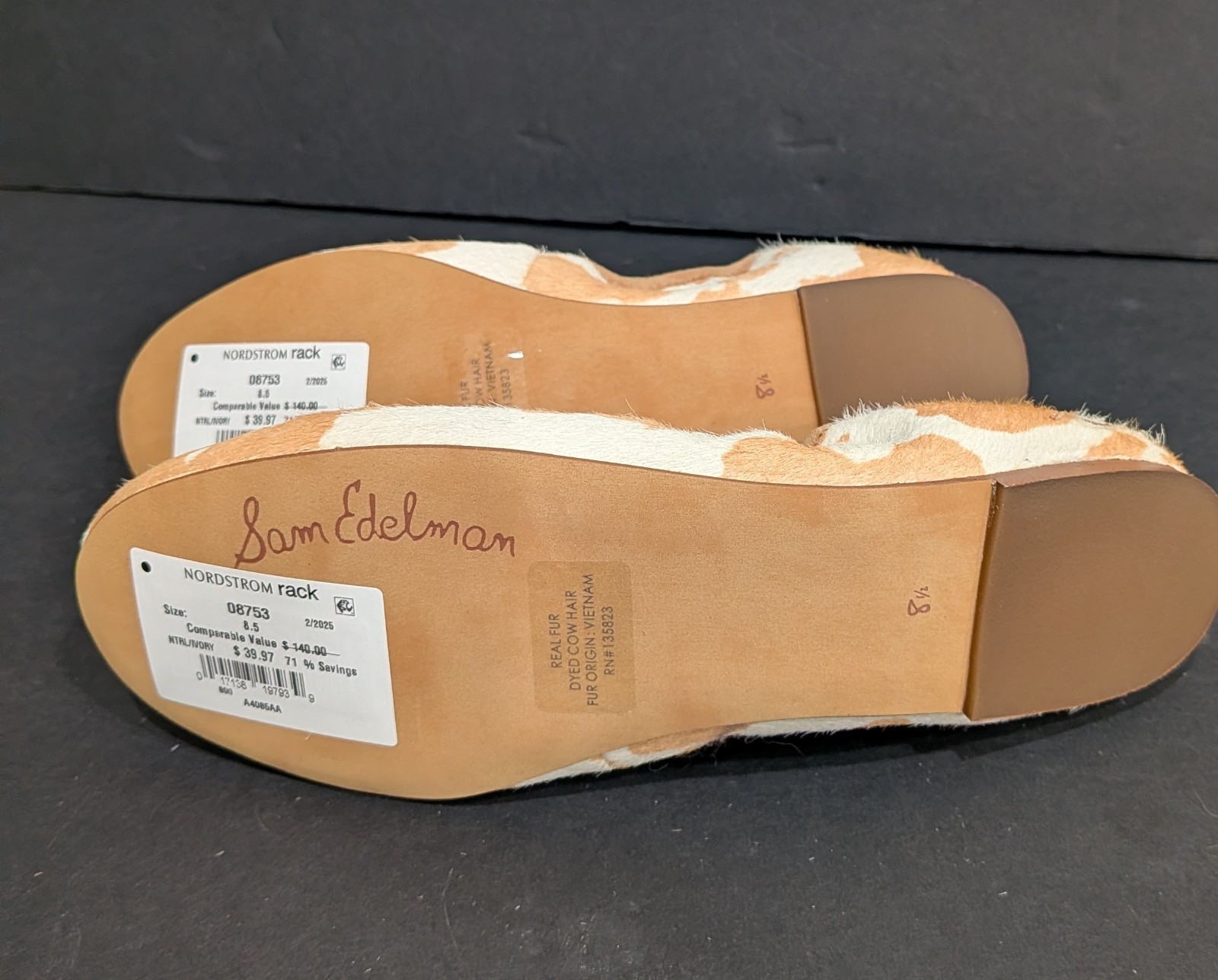 Sam Edelman NWT Felicia Cow Print Calf Hair Ballet Flats Ivory Tan Bow 8.5
