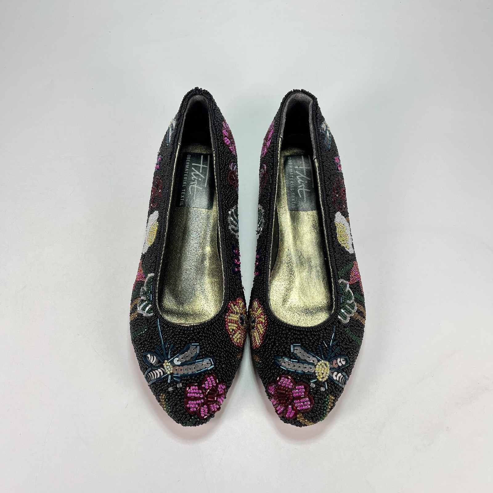 Vintage Flirt Black Beaded Floral Ballet Flats Shoes Women’s Size US 8.5 EU 39