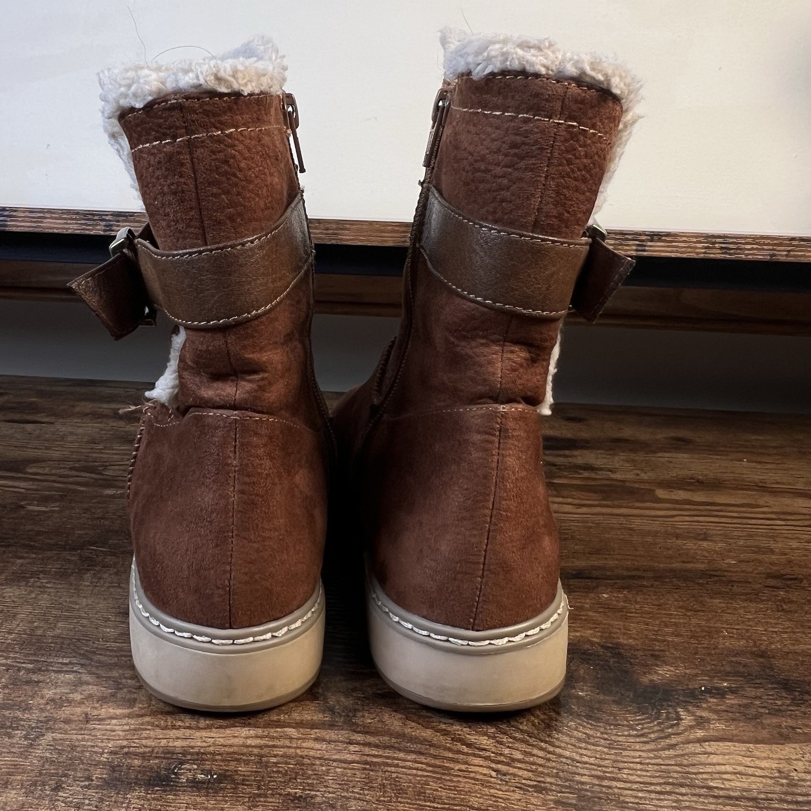 White Mountain Tabitha Brown Faux Leather Pull On with Buckle Shearling style 8