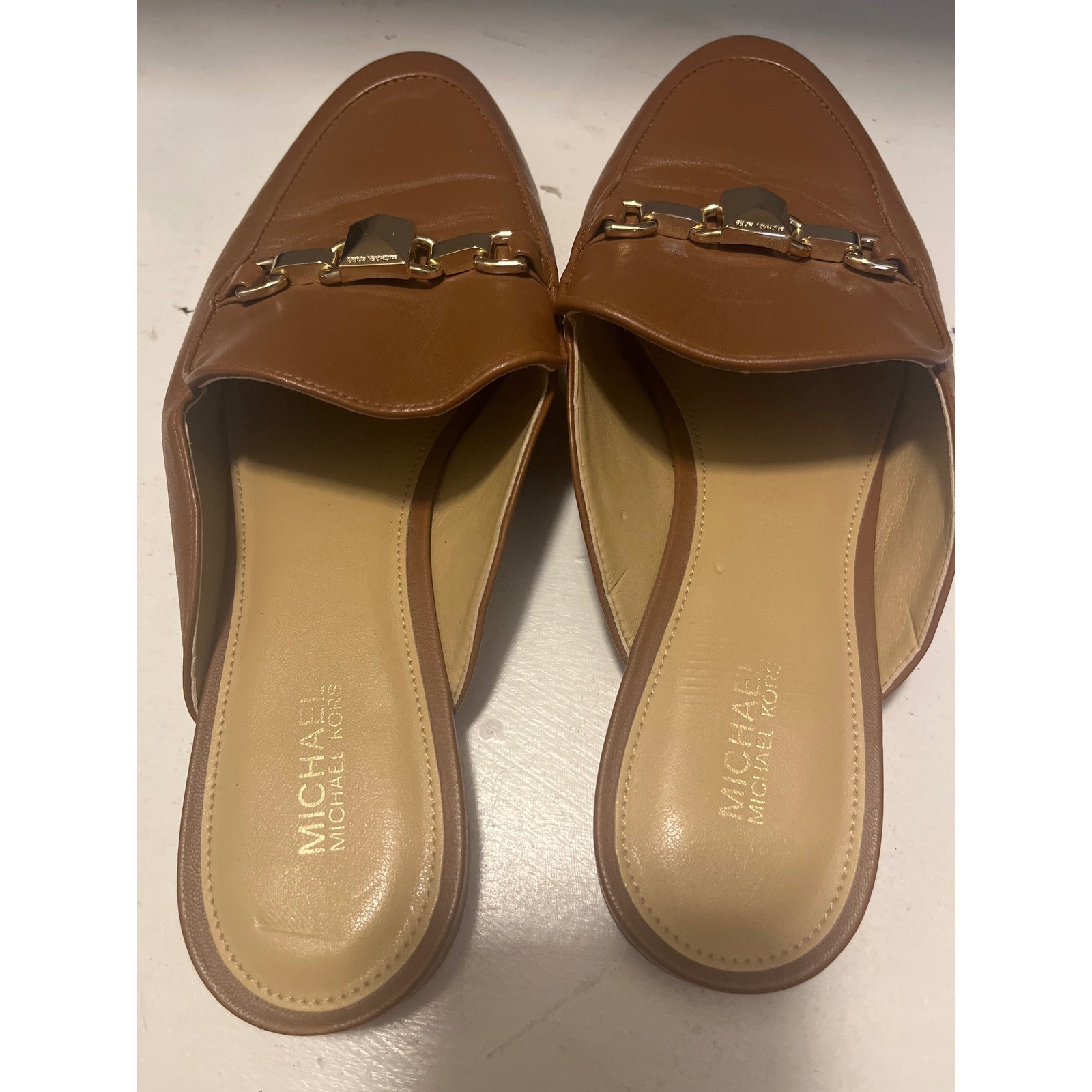 Michael Kors Women Brown Leather Logo Hardware Mule Loafer Flats Size 7M