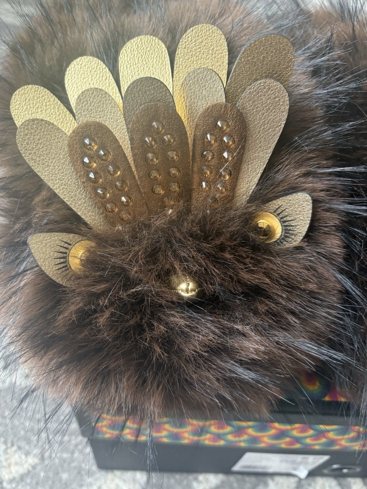 Kurt Geiger London-Eagle Fluff Faux Fur Bedazzled Brown/Gold Slippers, 8/9 New