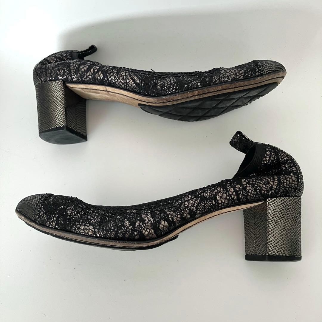 CHANEL Shoes Pumps Heel EU 35.5 US 5.5 Lace Leather Black Silver Authentic