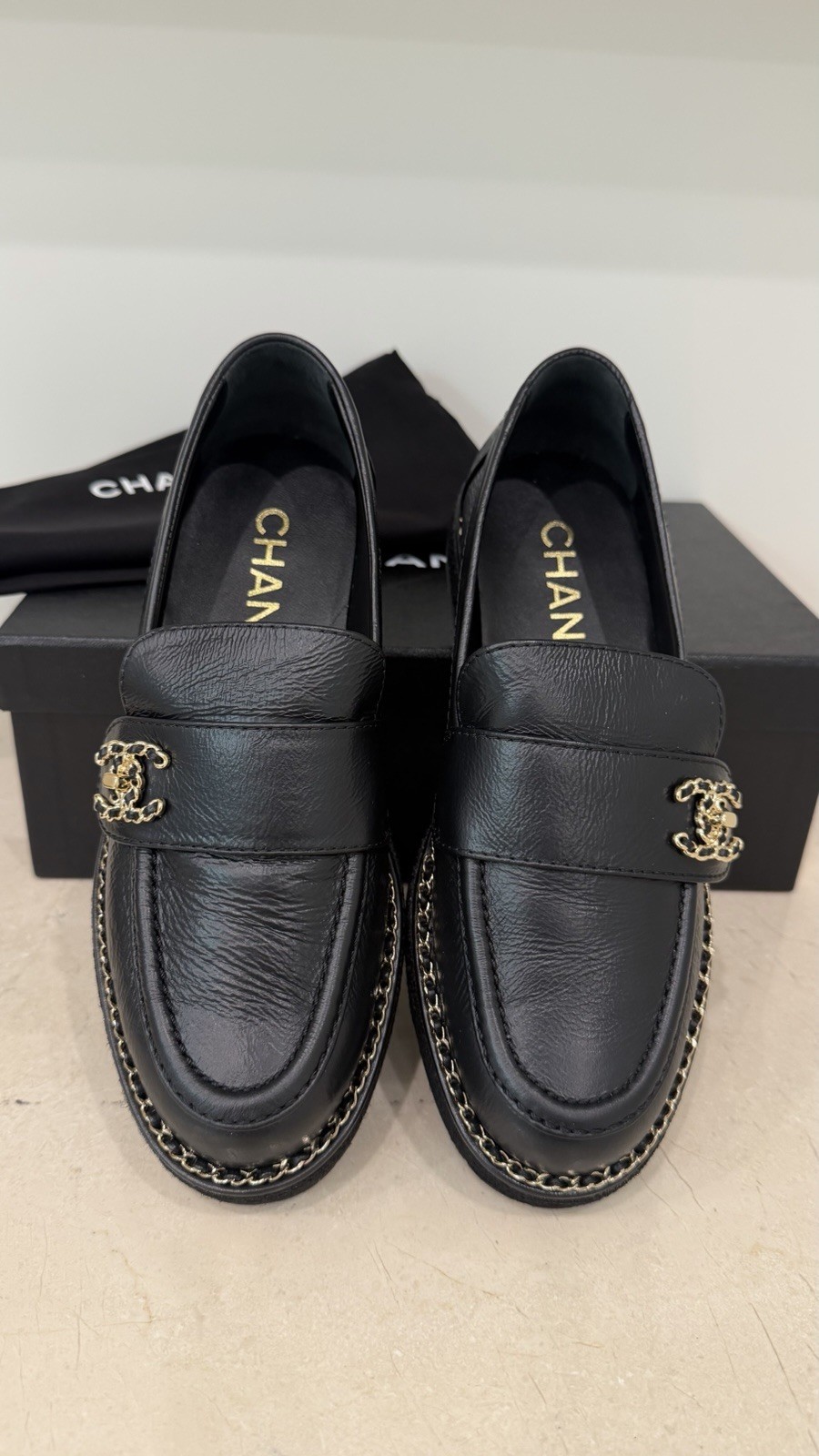 CHANEL Loafers In Black leather W/ Gold Chain Accents; Size 36