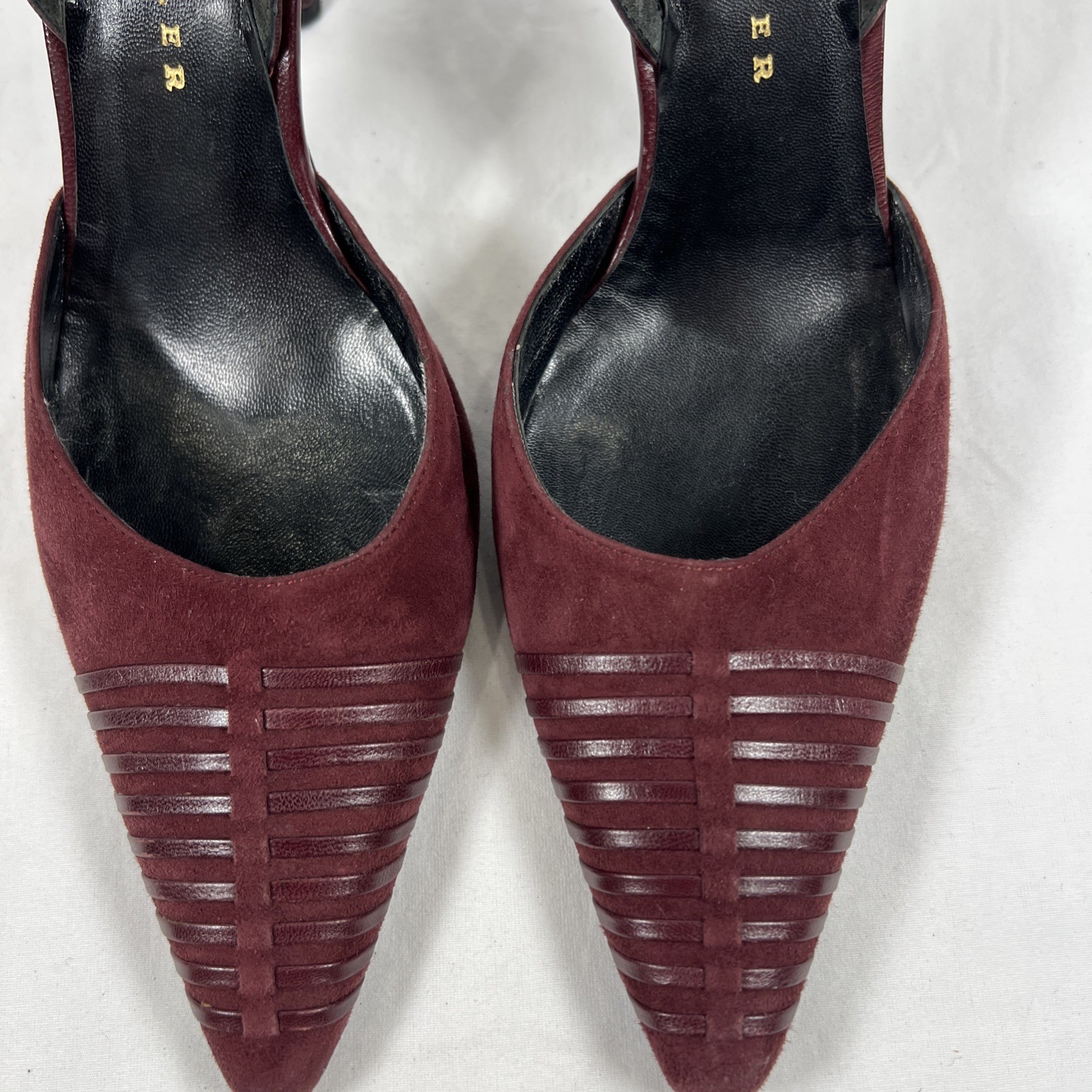 Richard Tyler Burgundy Suede Slingback Heels Pointed Toe Leather Pumps Luxury 8M