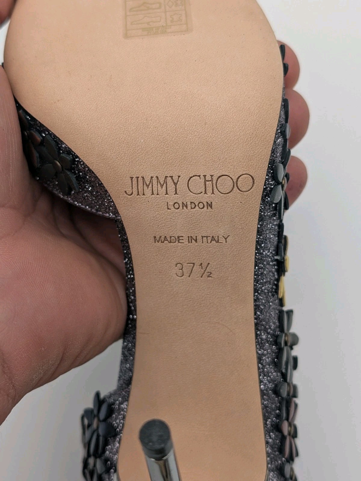 Wms Jimmy Choo Lorelai 100 FGW 155 Fine Glitter Leather Heels US 7.5 / EU 37.5