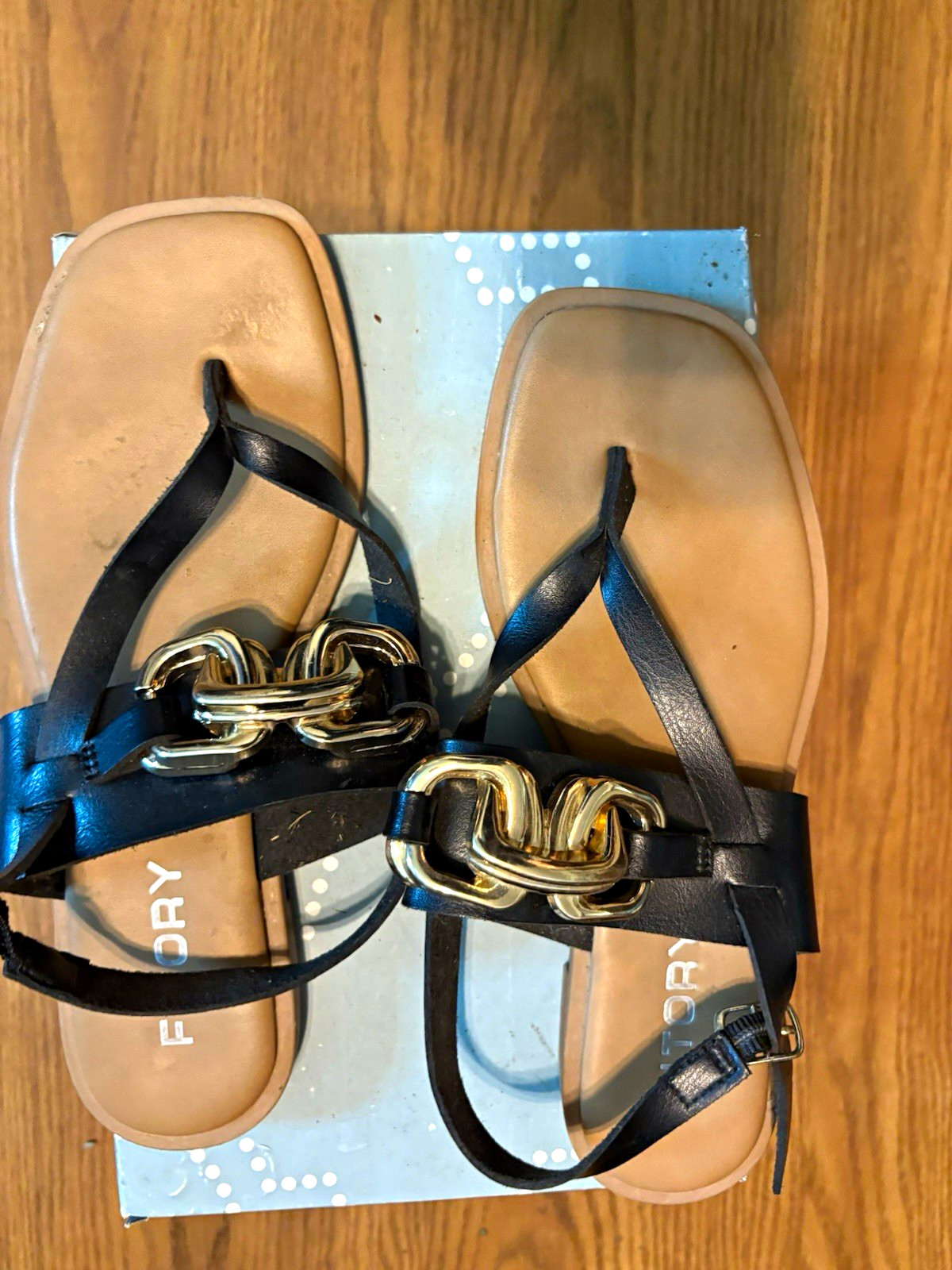 Fitory Women’s Strappy Flat Sandals Black/Beige Chain Accent Faux Leather 7