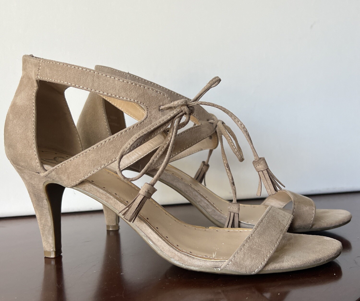 Madeline Women’s Beige Faux Suede Strappy Tie Heels 9.5