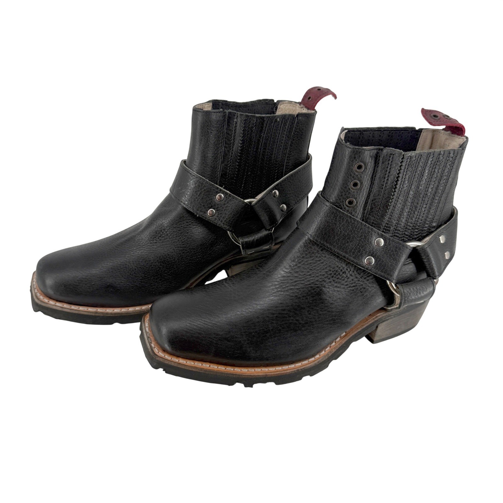 Freebird by Steven Black Leather Harness Ankle Boots Square Toe Womens 7