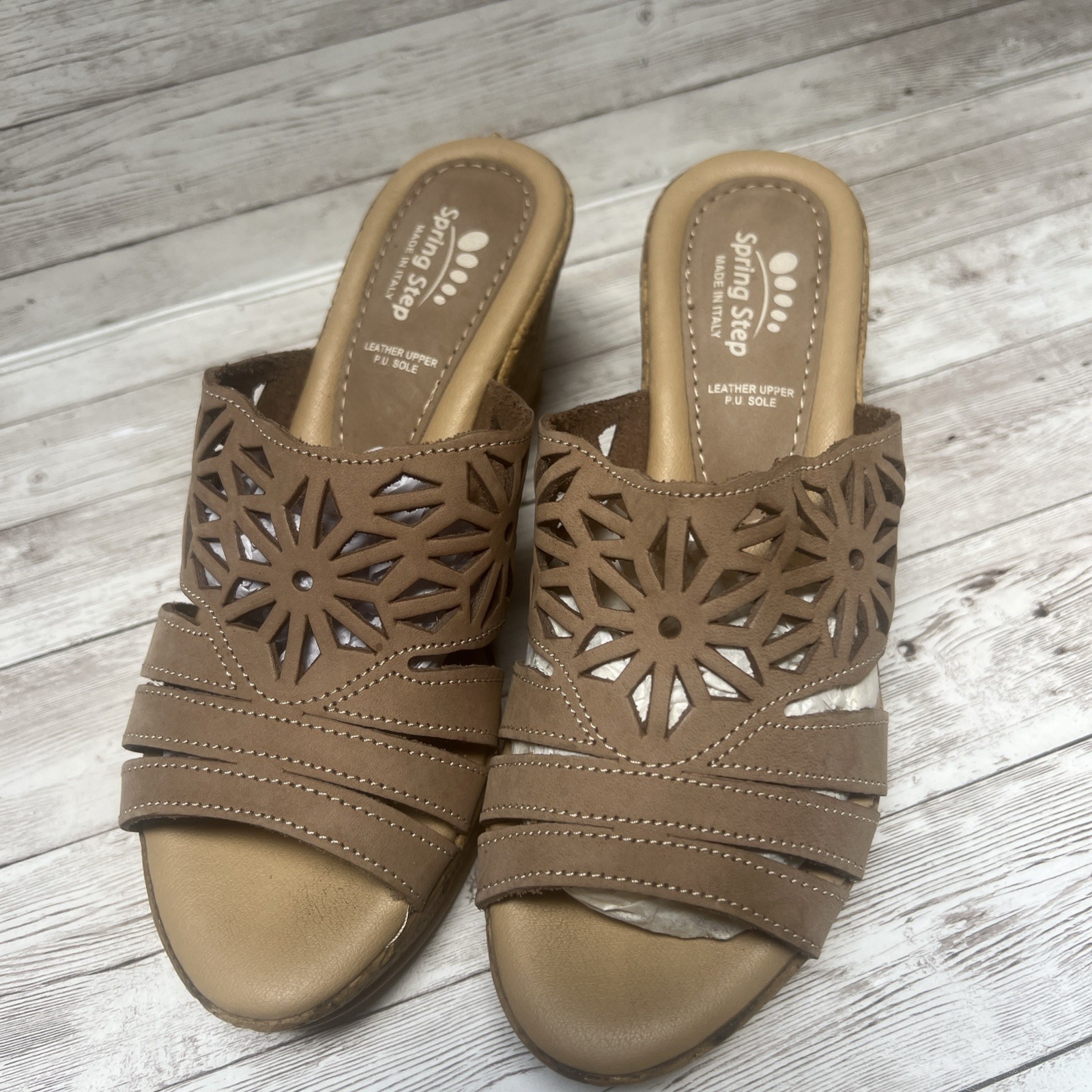Spring Step DORA Cork Wedge Comfort Slide Sandals Women EU 36/US 6 Taupe Leather