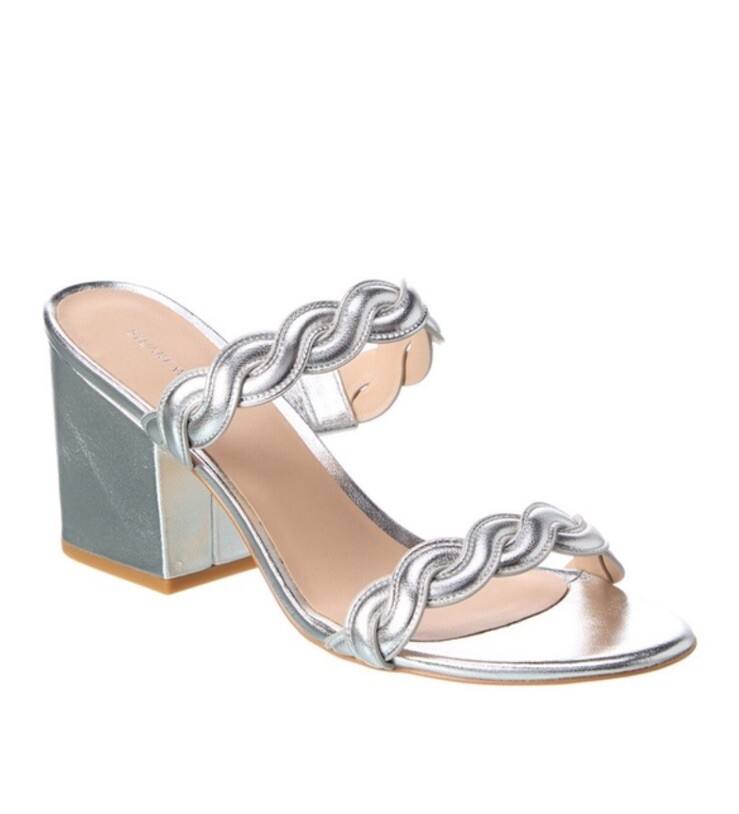 NEW$475 STUART WEITZMAN Twistie Block 75 Metallic Mule Platinum US9/UK6.5/EU39.5