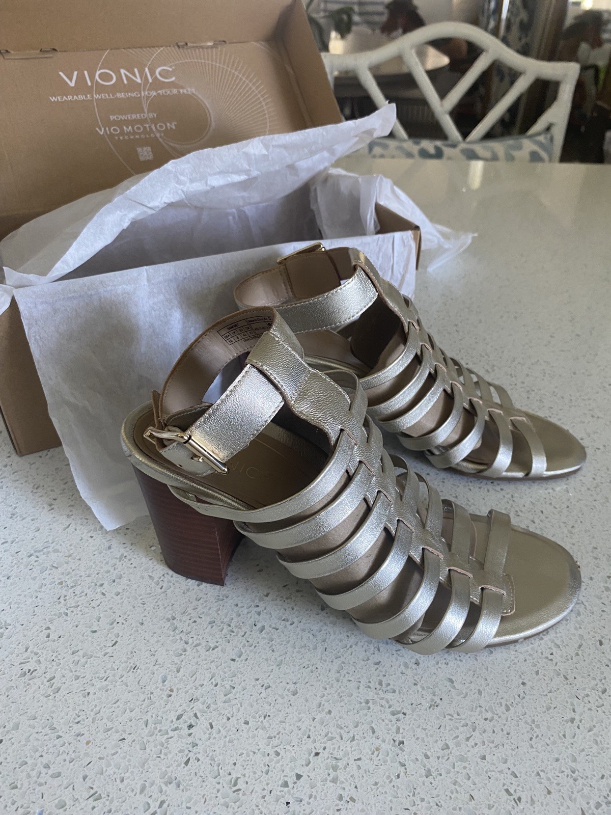 Vionic Sami Metallic Sexy Strappy Sandals Block Heels Gold Champagne Size 10