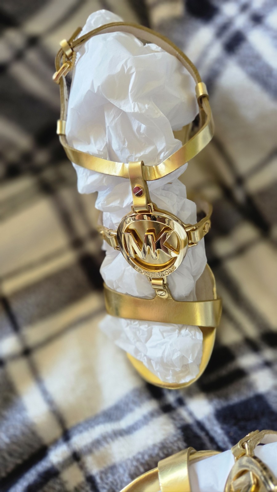 Michael Kors Gold Leather Strappy Logo Ankle Strap Open Toe 4.5″ Heels US 7