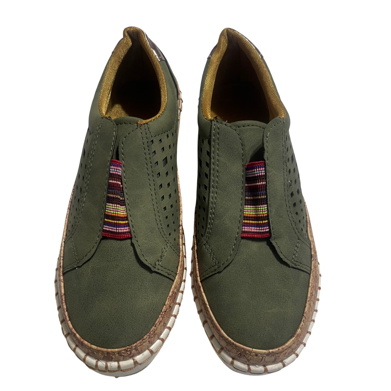 Muted Olive Green Textured Perforated Decorative Colorful Striped Band Sneakers