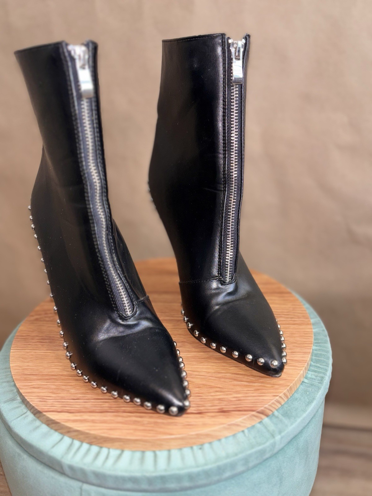 Black Studded Pointed-Toe Zip Front Stiletto Ankle Boots. Size 8