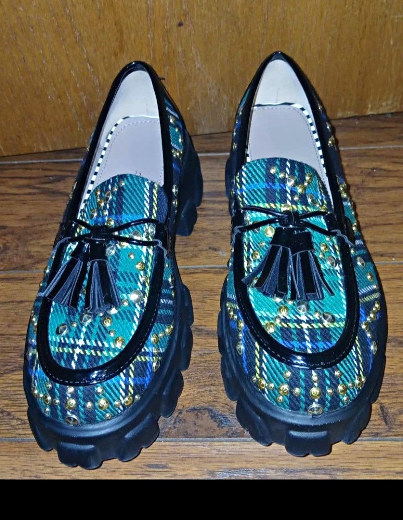Women’s Blue Green Black Plaid Slip-On Loafer Flats Round Toe Tassels 7