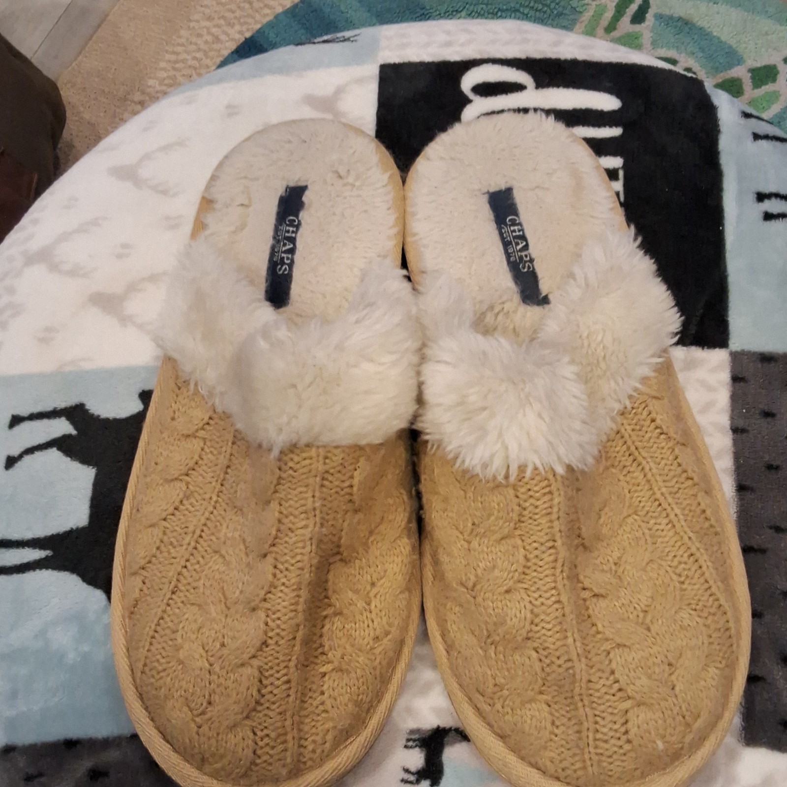 Chaps Women’s Cable Knit Mule Slippers Faux Fur Lined Beige/Ivory US 10 Rubber