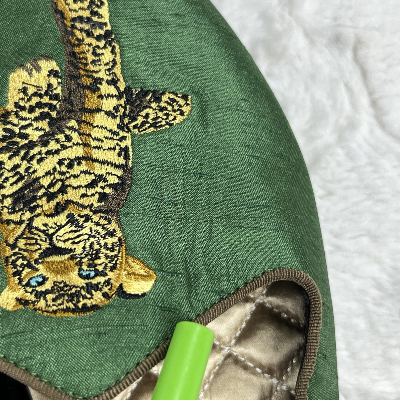 Birdies x Ken Fulk Leopard Satin Slipper Shoes Flats Women 9.5 Emerald Green Art