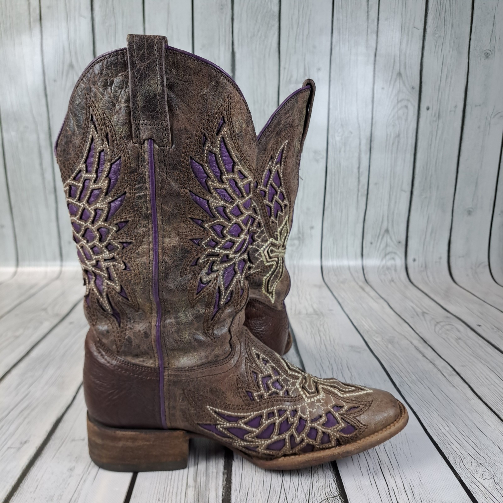 Corral Vintage Cowboy Boots Womens 7 M Brown Purple Angel Wings Cross Leather