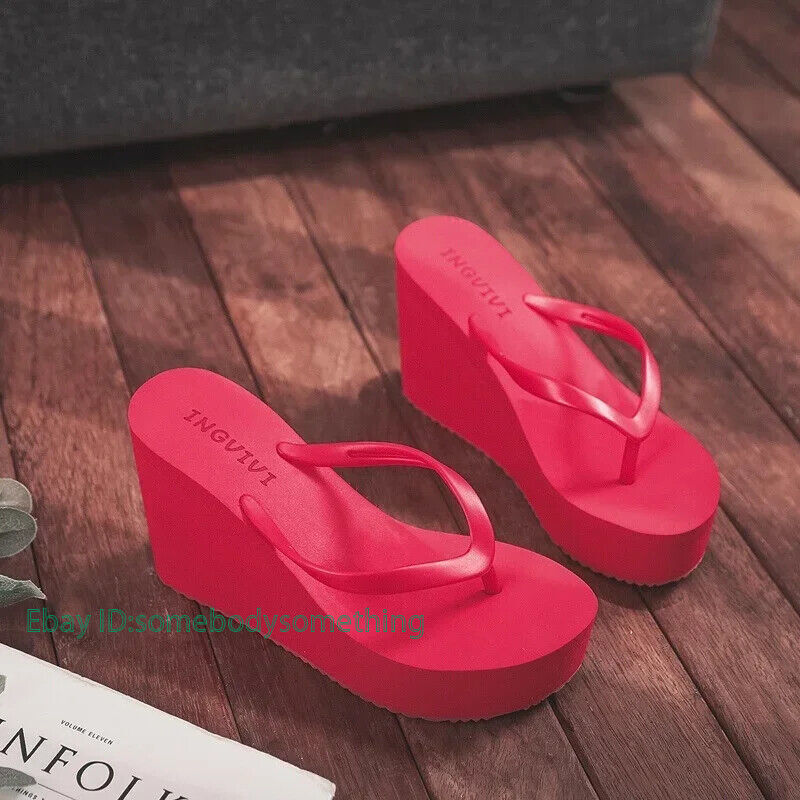 Womens Wedges Flip Flops Summer High Heels Sandals Platform Slippers Solid Shoes