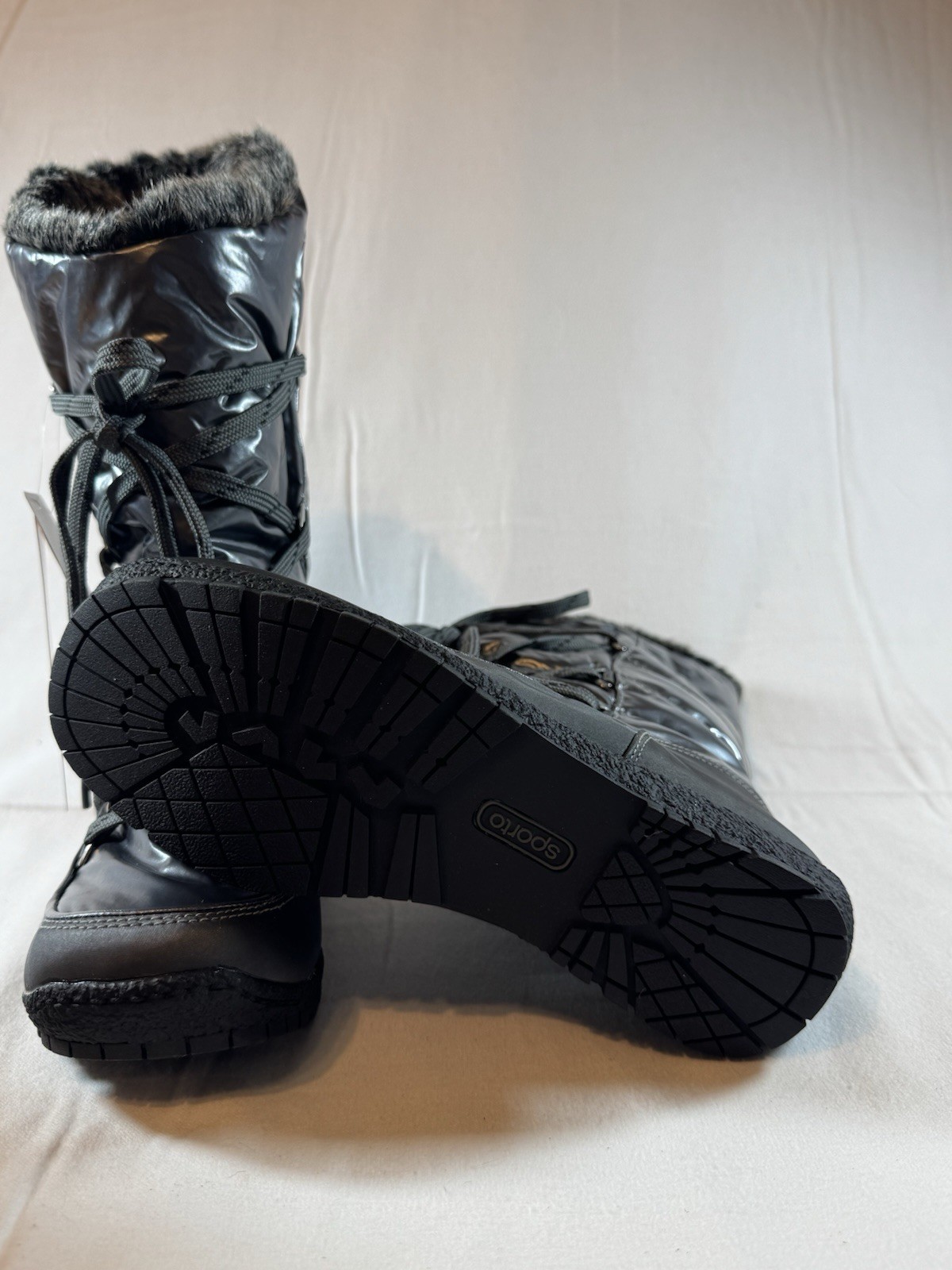 Sporto Charlie Waterproof Lace-Up Winter Boots Black Faux Fur Trim Women 7.5 M