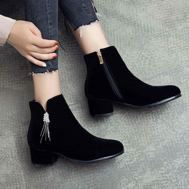 Womens Ankle Boots Round Toe Rhinestone Chunky Heel Side Zip Shoes 50/51/52 Hot