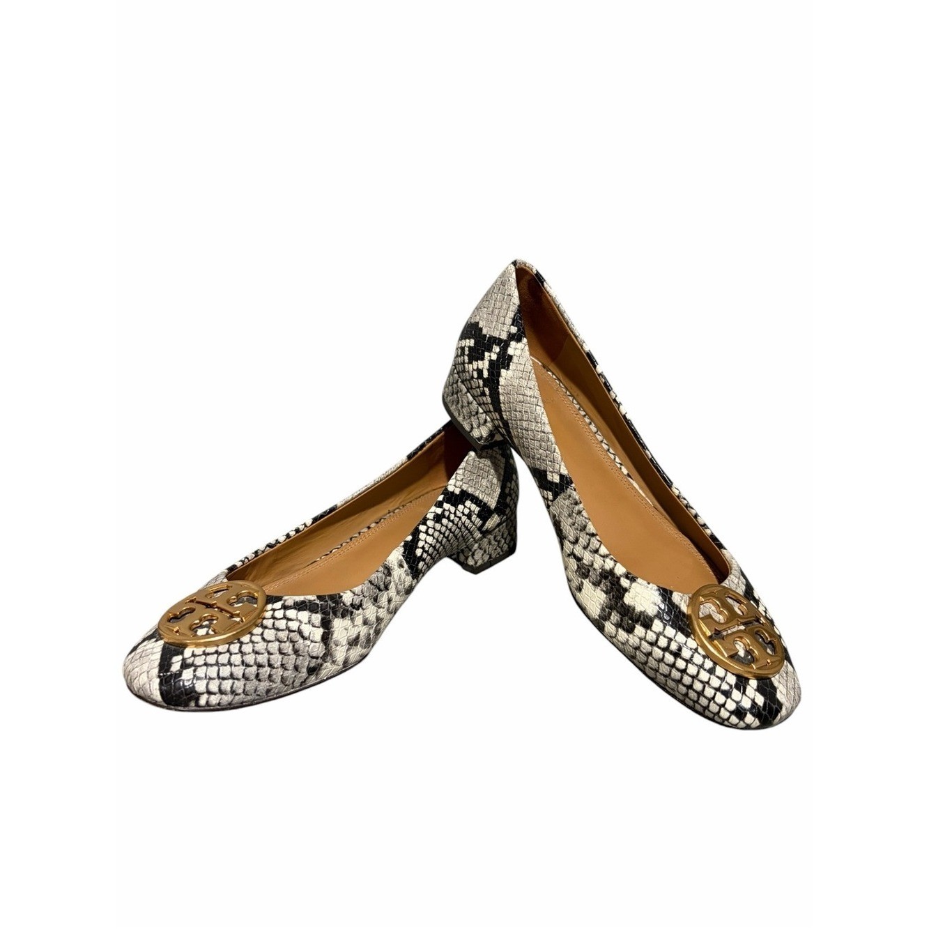 Tory Burch Chelsea Round-Toe Snakeskin-Embossed Leather Pumps.