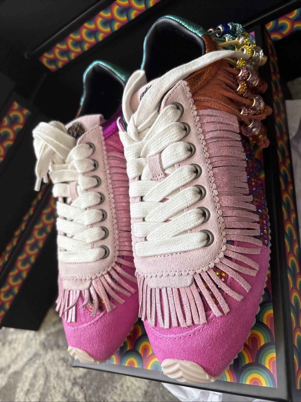 Kurt Geiger London Islington Suede Beaded Tassel Fringe Sneakers Fuschia-7.5/38