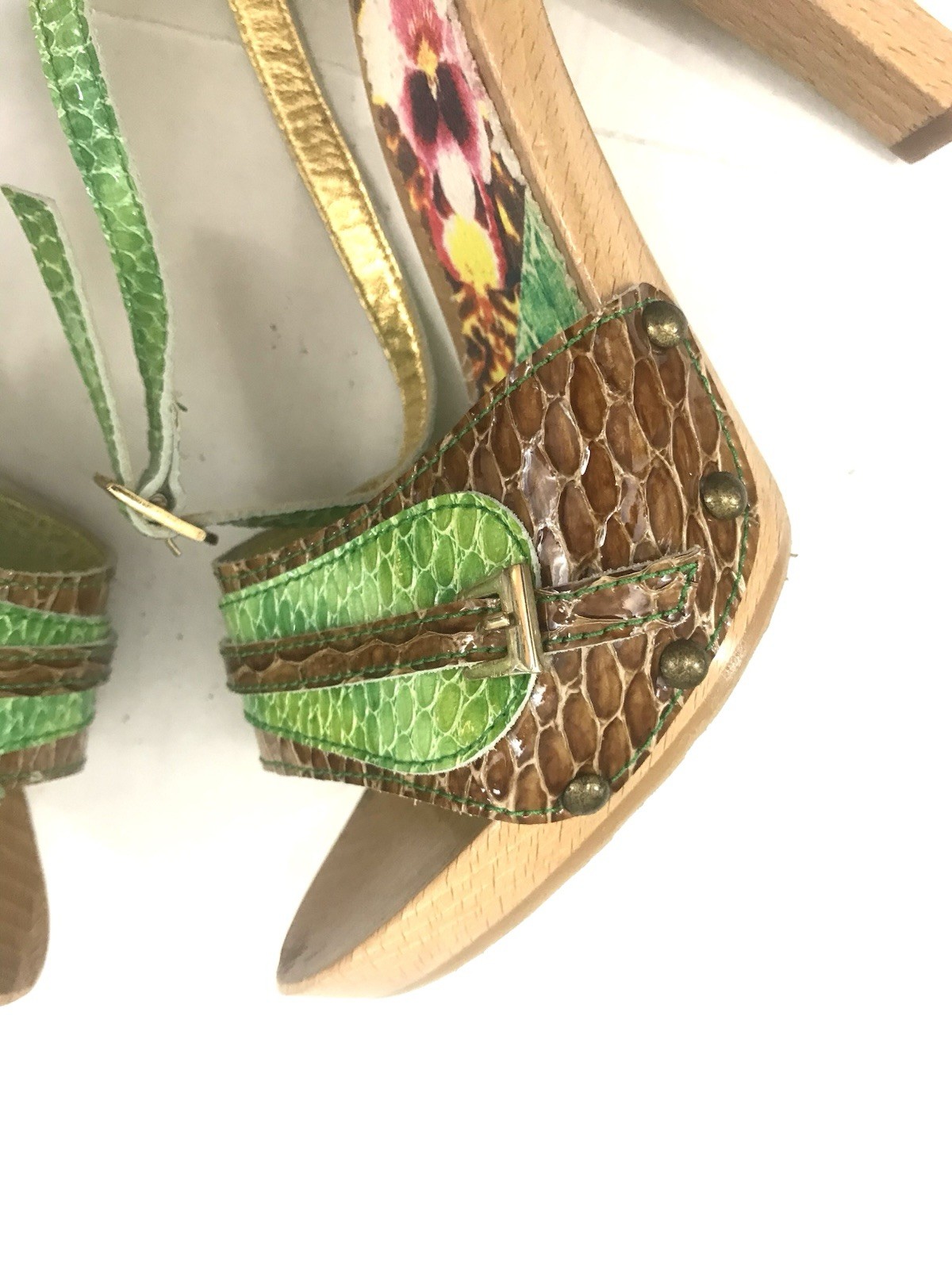 Just Cavalli Wooden Platform Green Snake Embossed Sandals – Size EU 38 | US 8