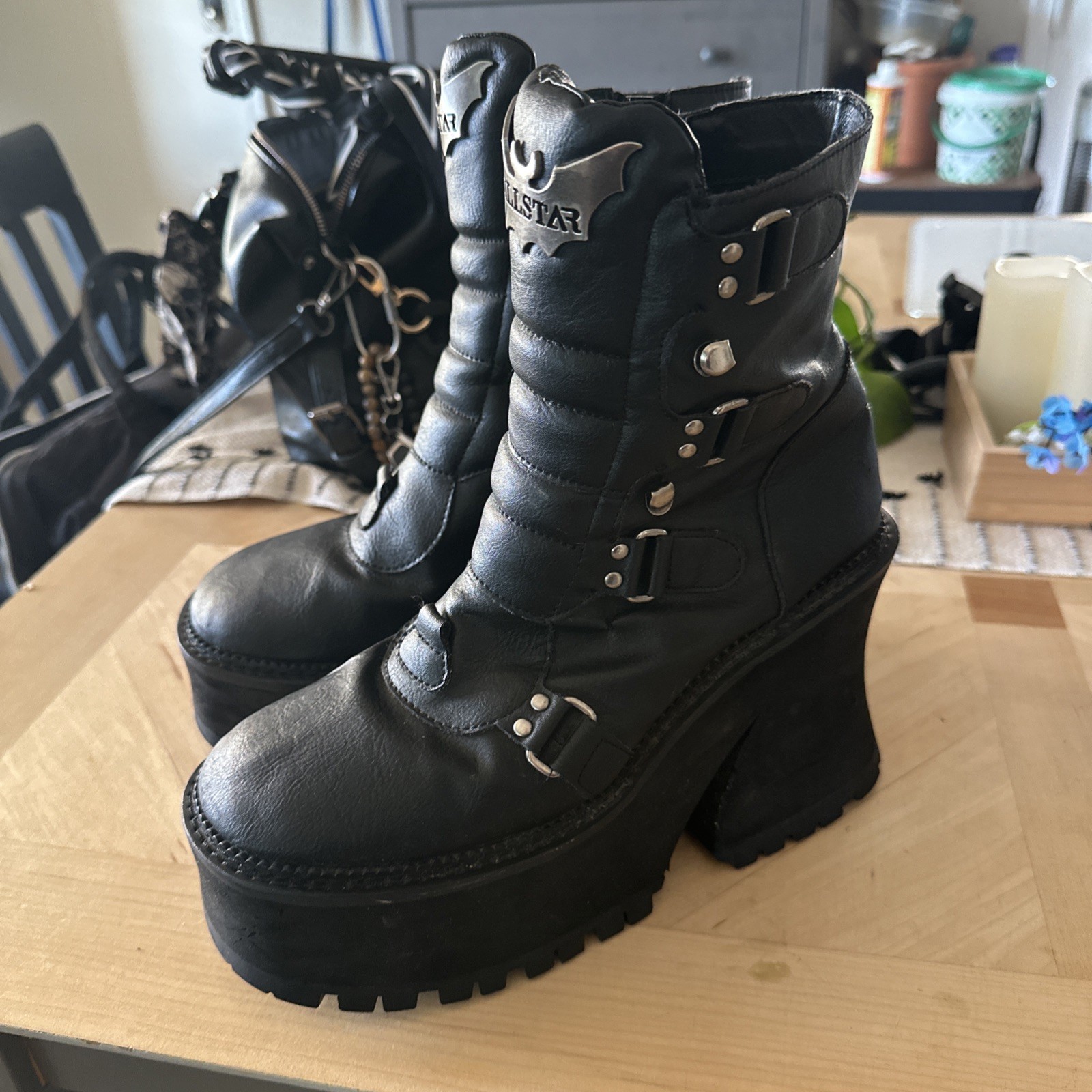 Killstar Women’s Black Platform Boots Bat Logo Gothic Chunky Heels Size US 9