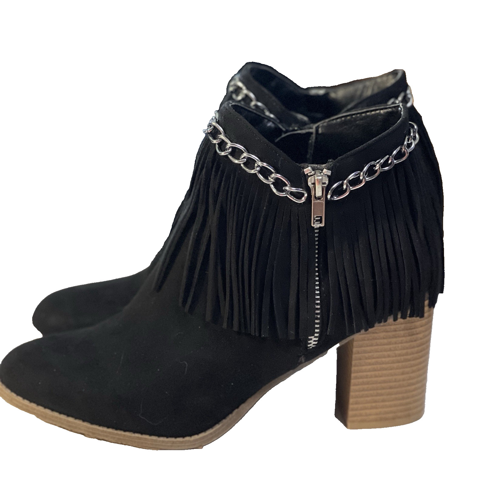 Mata Booties Fringe Women’s Size 10 Michelle 1 Black Chain 3″ Heel Side Zip Y2K
