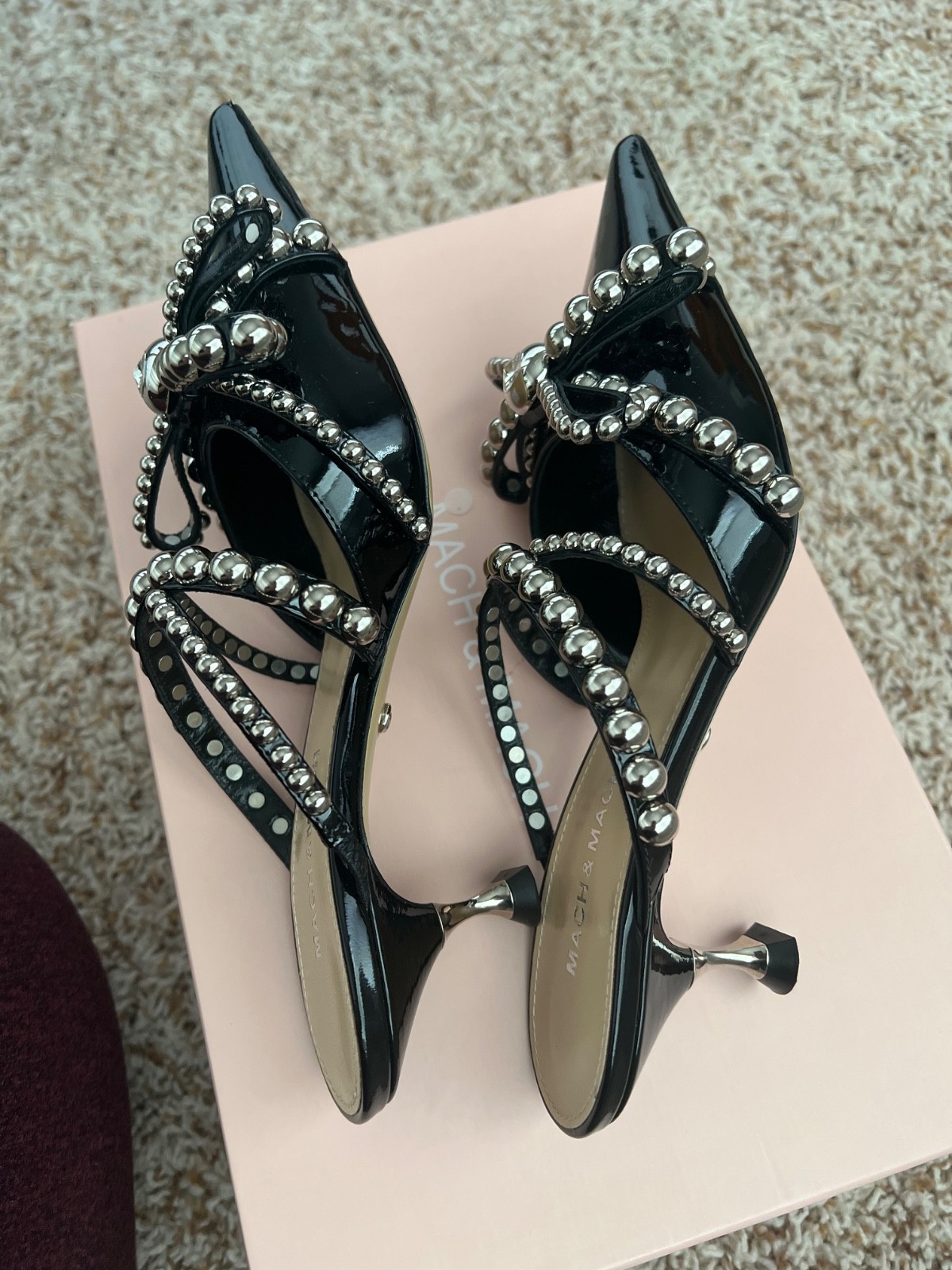 Mach & Mach Black Patent Leather Mules, Sz 37. BNIB. Stunning and Sparkly