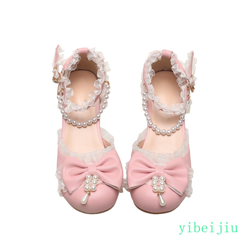 Women Girl Low Heel Lolita Mary Jane Wedding Party Beads Bowknot Party Shoes New