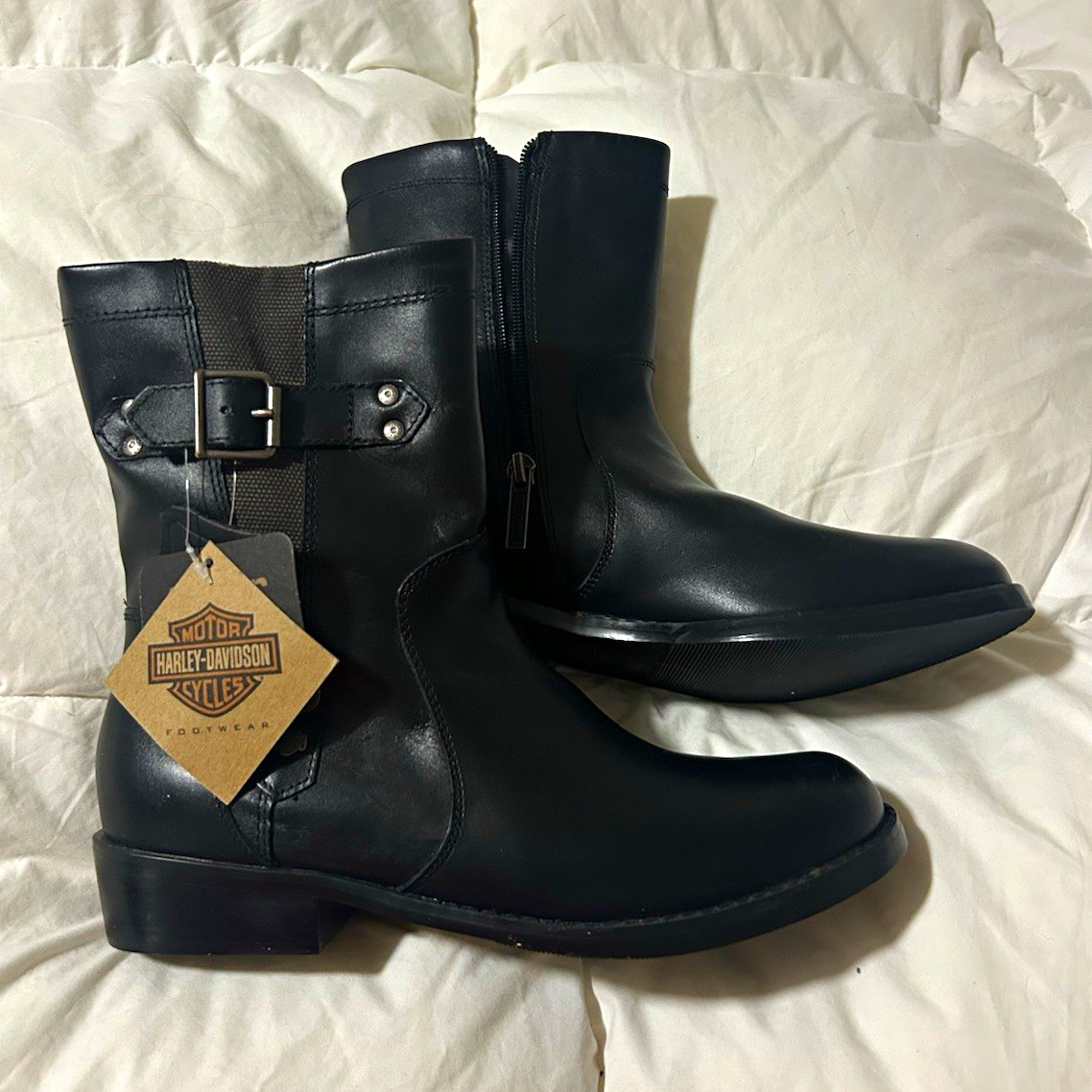 Harley-Davidson Women’s Black Leather Ankle Bootie Round Toe Zip Buckle 8.5