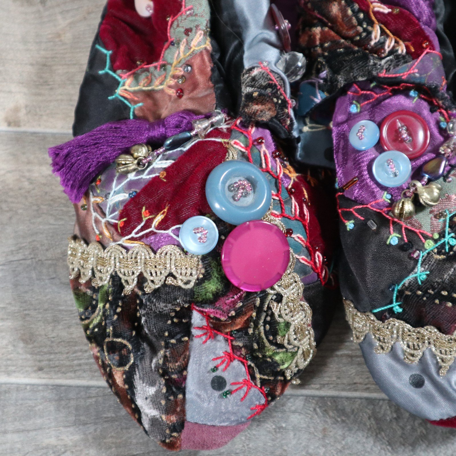 Hand Made Crazy Quilting Patchwork Style Slippers Boho Chic Embellishments Cozy