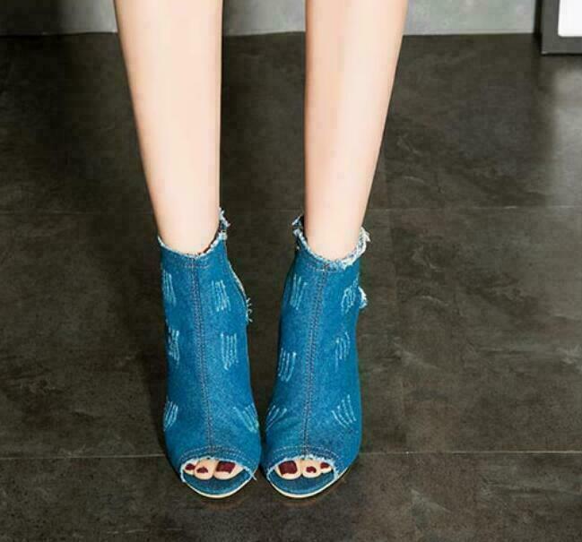 Women Open Toe Slingback Ripped Jeans Ankle Boots Denim Side Zip Stilettos Heels