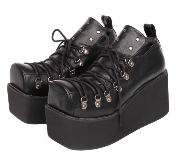 Women’s Punk Gothic Square Toe Lace Up Platform Shoes Rivet Fashion Casual Retro