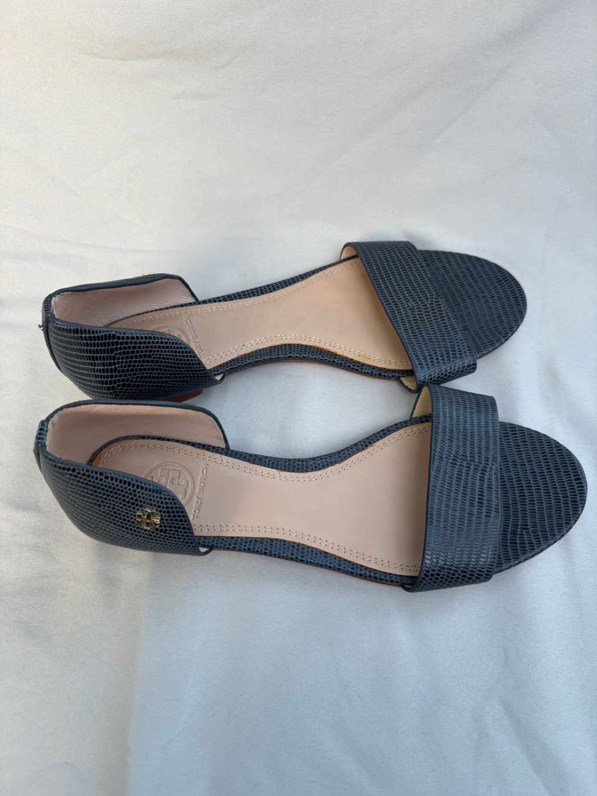 TORY BURCH Savannah Embossed Lizard Leather Sandals Sz 8 Navy Blue Flat Slip On