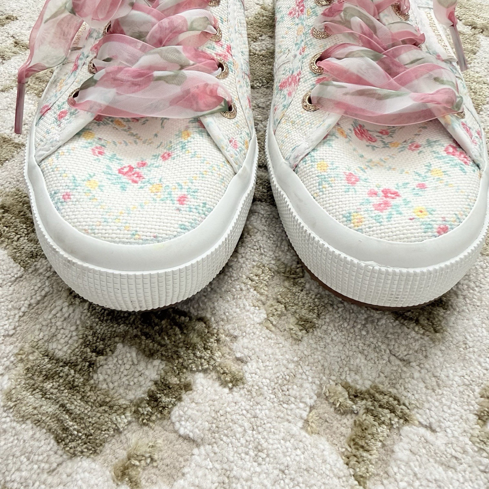 Superga x LoveShackFancy Floral Ribbon Sneakers Size 37 White Pink