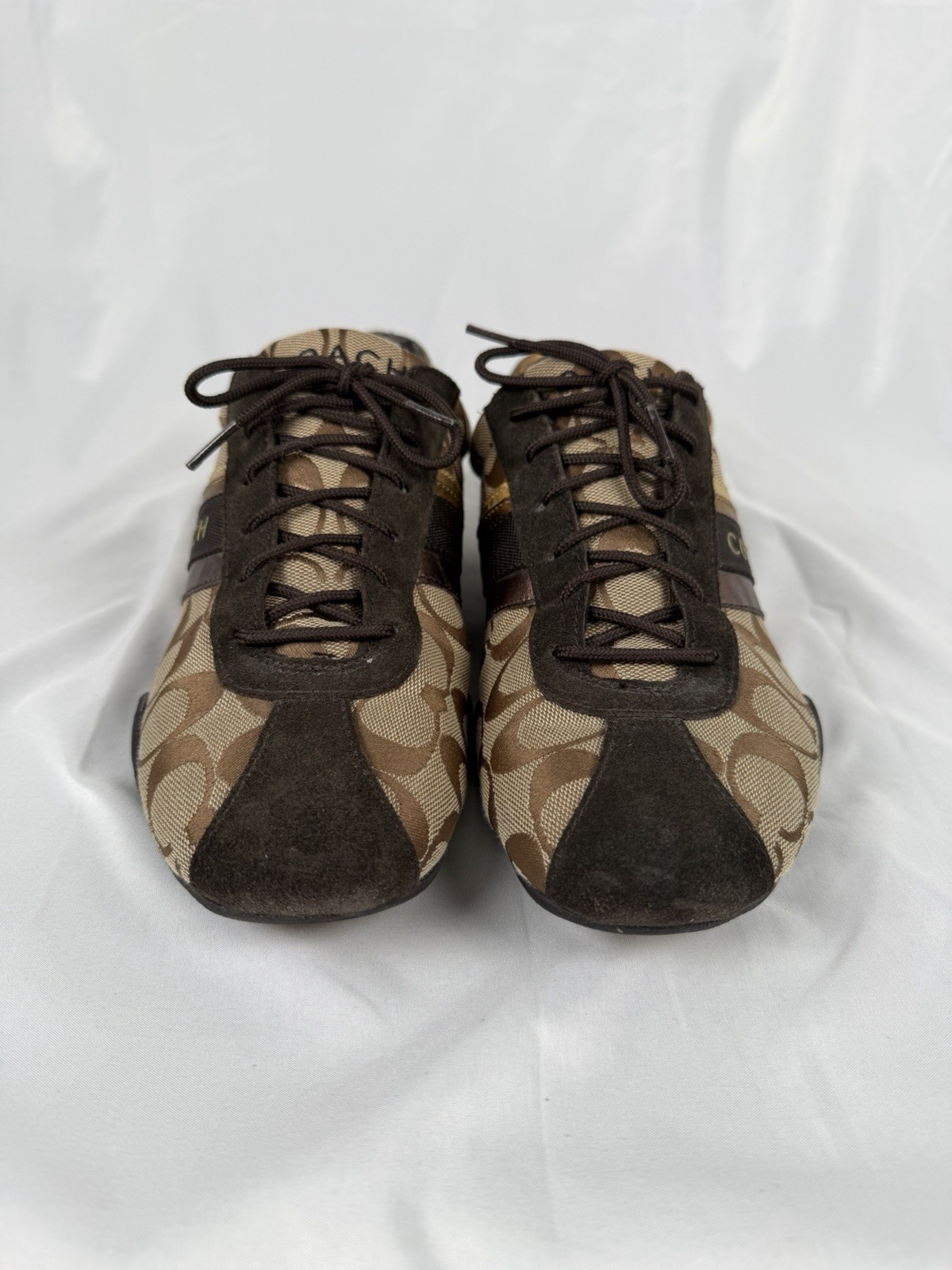 Coach JAYME Brown Gold Signature C Logo Sneakers Shoes Lace Up Womens Size 10M