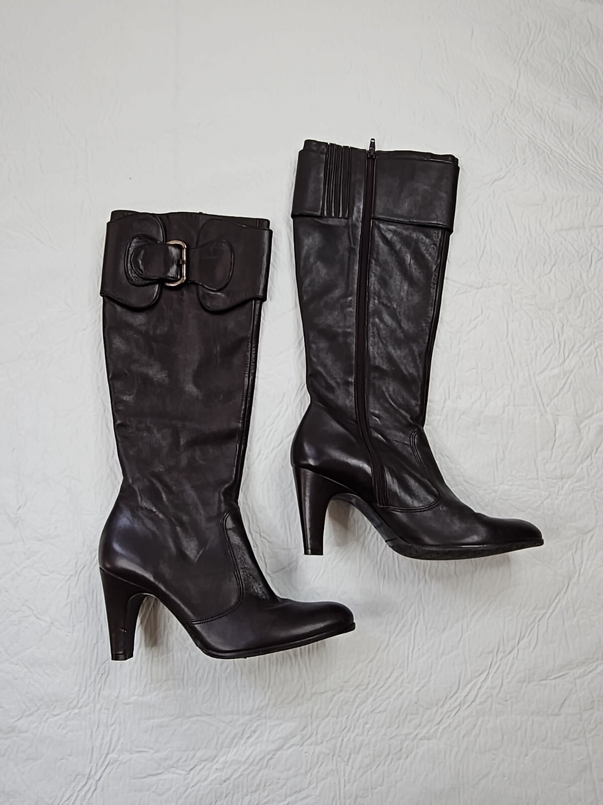 Antonio Melani Brit Boot Women Size 8M Brown Leather Knee High Buckle Zip 3.25″