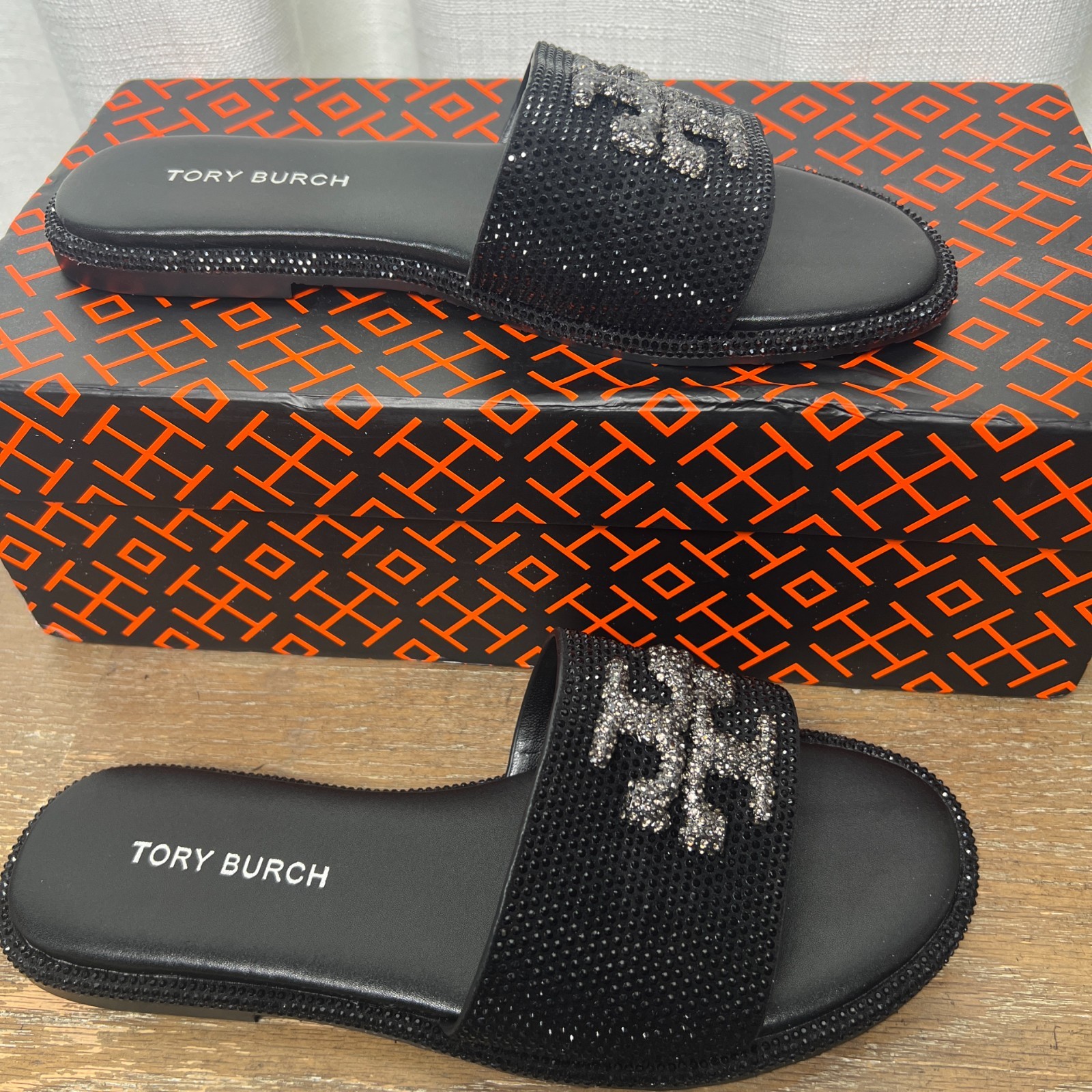 Tory Burch Everly Crystal Logo Rhinestone Slide Sandals, Black / Clear / Silver